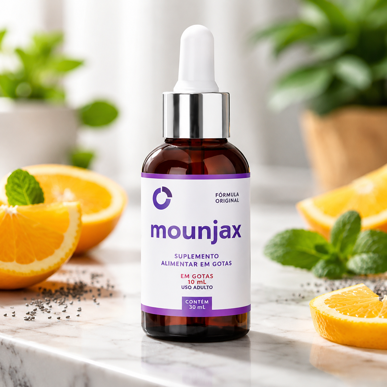 Frasco de Mounjax 30 mL sobre bancada de mármore com laranjas e hortelã